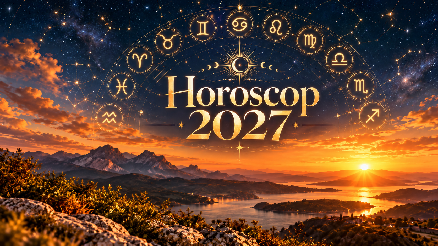 Horoscop 2027 pentru toate zodiile, cu simboluri zodiacale aurii și peisaj luminos la apus