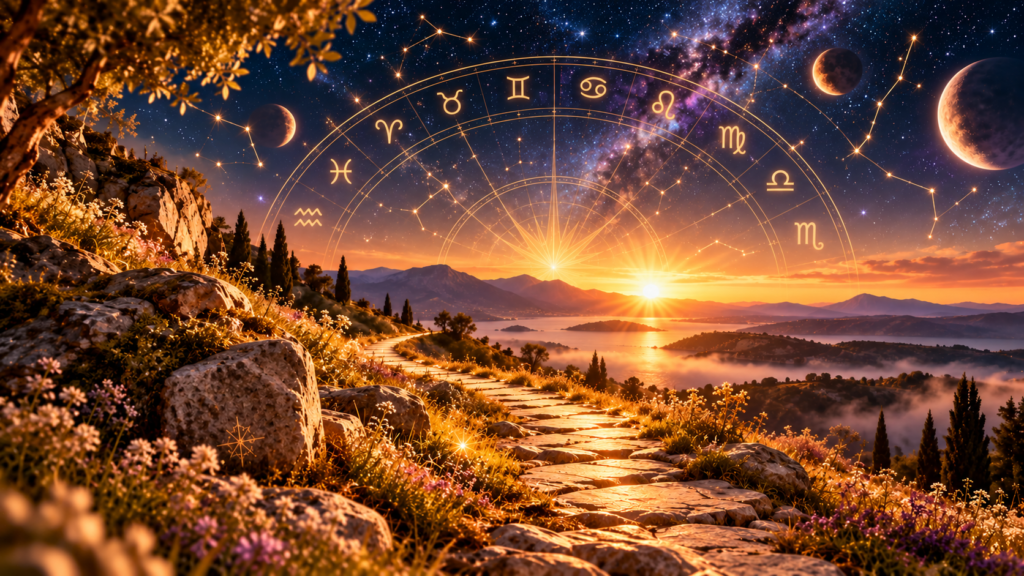 Horoscop 2027 – peisaj la răsărit, cu drum luminos, cer înstelat, constelații și simbolurile zodiacale aurii.
